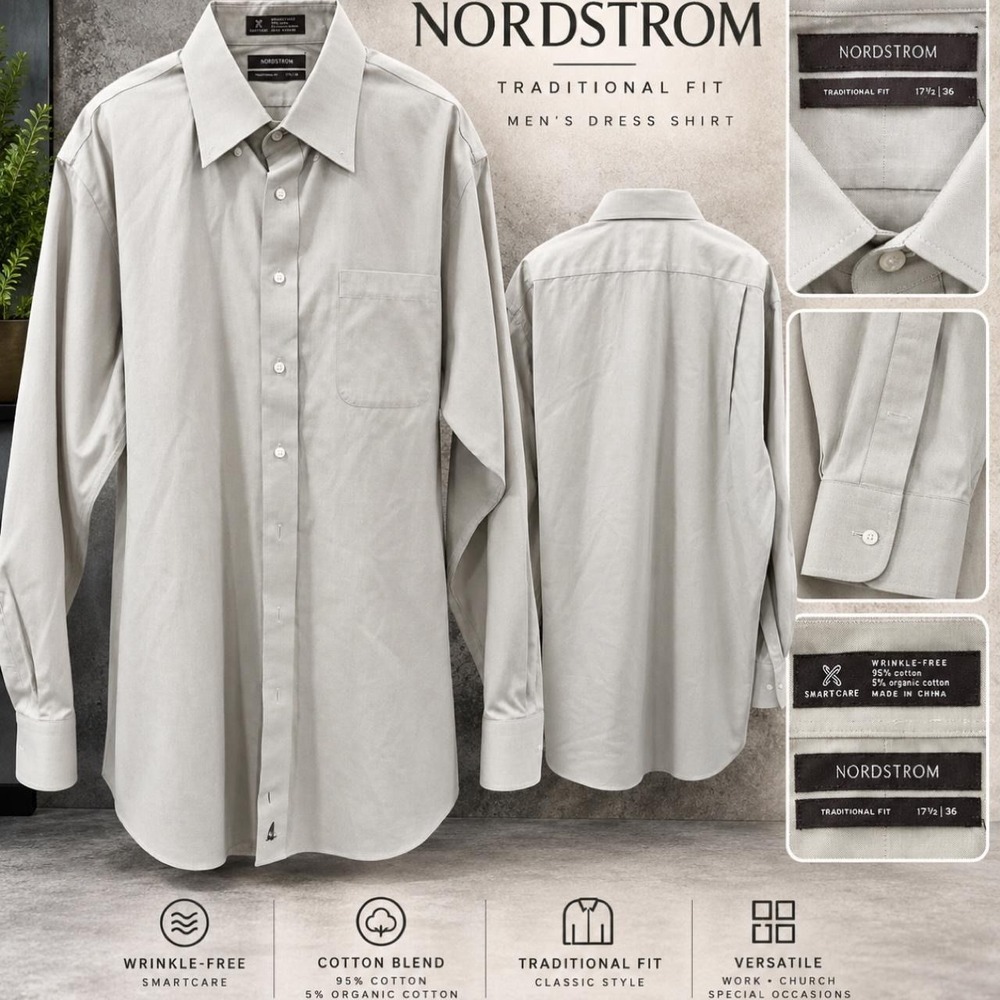 Nordstrom Traditional Fit Wrinkle-Free Dress Shirt Light Gray 17.5 36
